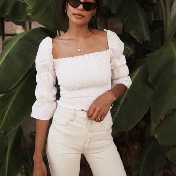 Reformation Tops - White Linen Smock Square Neck Top 3/4 Puff Sleeves